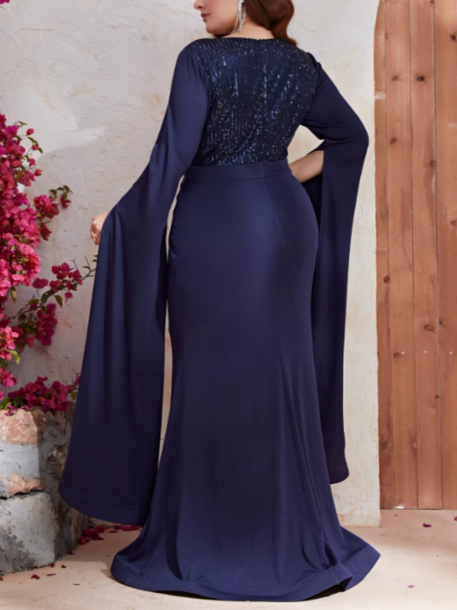 Trumpet/Mermaid V-Neck Long Sleeves Plus Size Mother of the Bride Dresses Sequins Floor-Length