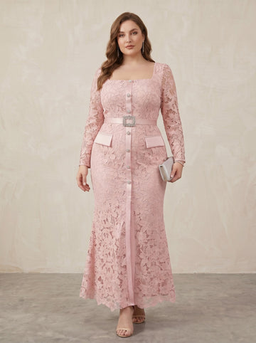 Sheath/Column Lace Square Collar Plus Size Mother of the Bride Dresses Long Sleeves Floral Ankle-Length