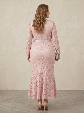 Sheath/Column Lace Square Collar Plus Size Mother of the Bride Dresses Long Sleeves Floral Ankle-Length