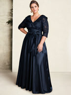 A-Line/Princess V-Neck Plus Size Mother of the Bride Dresses Floor-Length Lace Sequins Bow