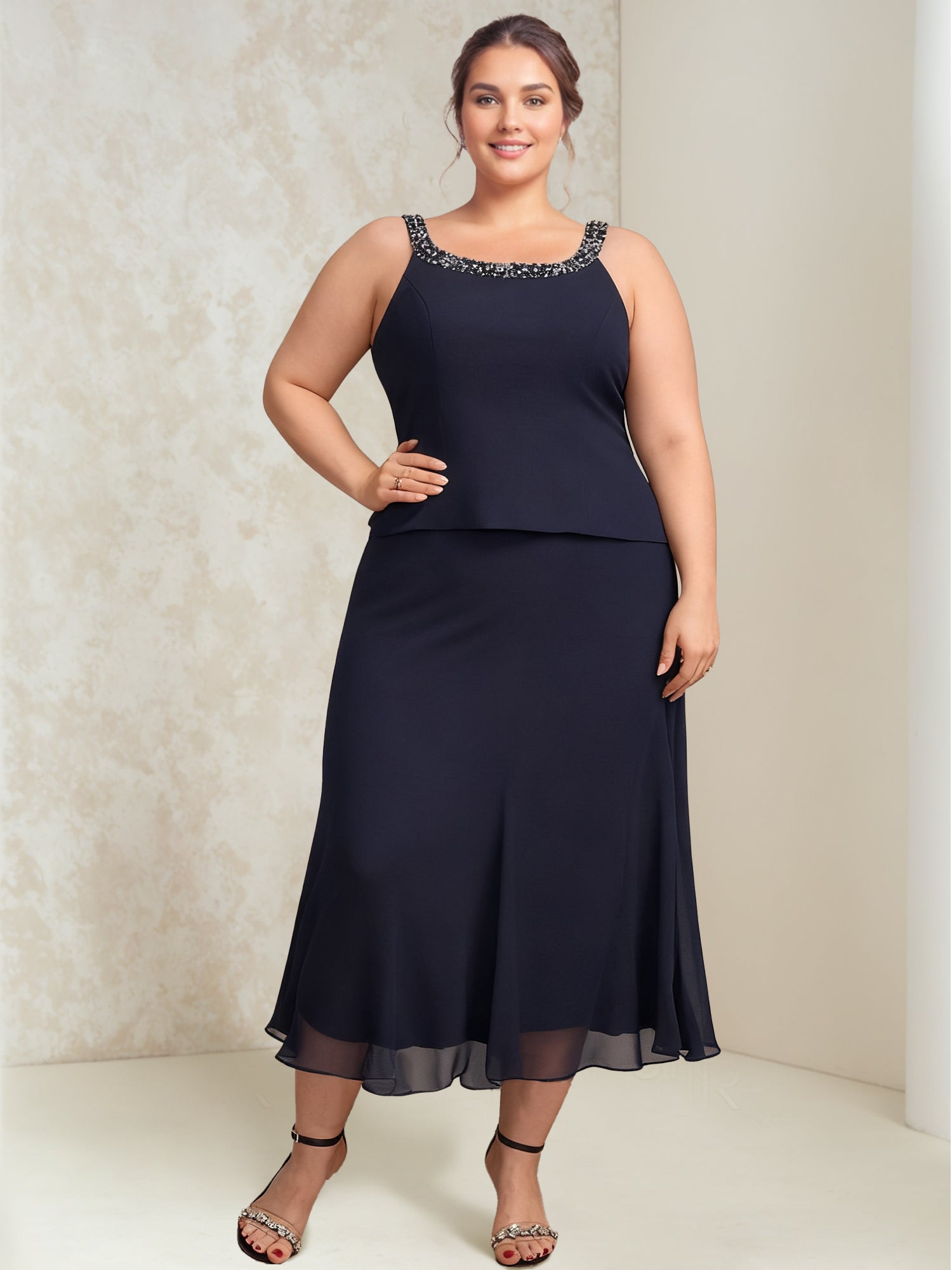 A-Line/Princess Chiffon Scoop Plus Size Mother of the Bride Dresses with Wrap/Jacket Beading