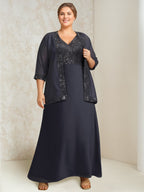 A-Line/Princess Chiffon V-Neck Plus Size Mother of the Bride Dresses Lace Sequins with Wrap/Jacket