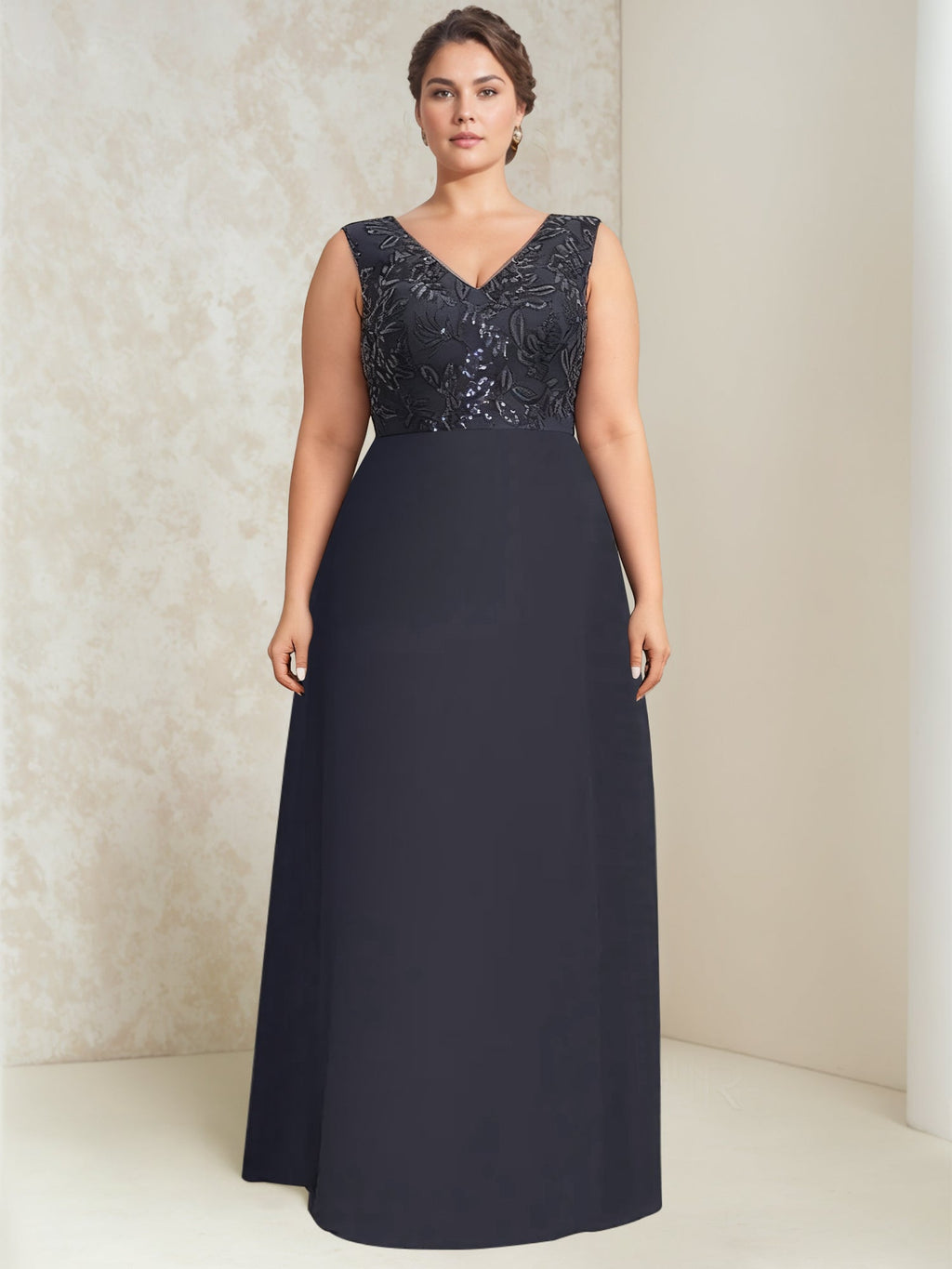 A-Line/Princess Chiffon V-Neck Plus Size Mother of the Bride Dresses Lace Sequins with Wrap/Jacket