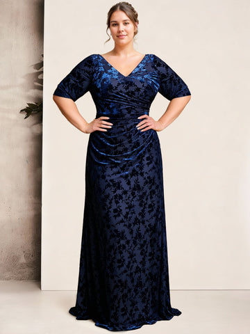 Sheath/Column V-Neck Velvet Floral Plus Size Mother of the Bride Dresses Pleated