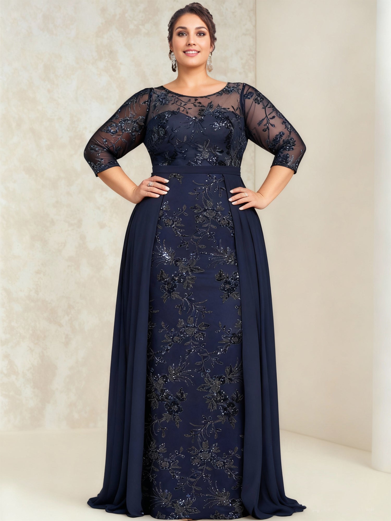 A-Line/Princess Lace Sequins Plus Size Mother of the Bride Dresses Illusion Floor-Length