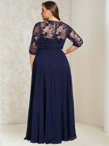 A-Line/Princess Lace Sequins Plus Size Mother of the Bride Dresses Illusion Floor-Length