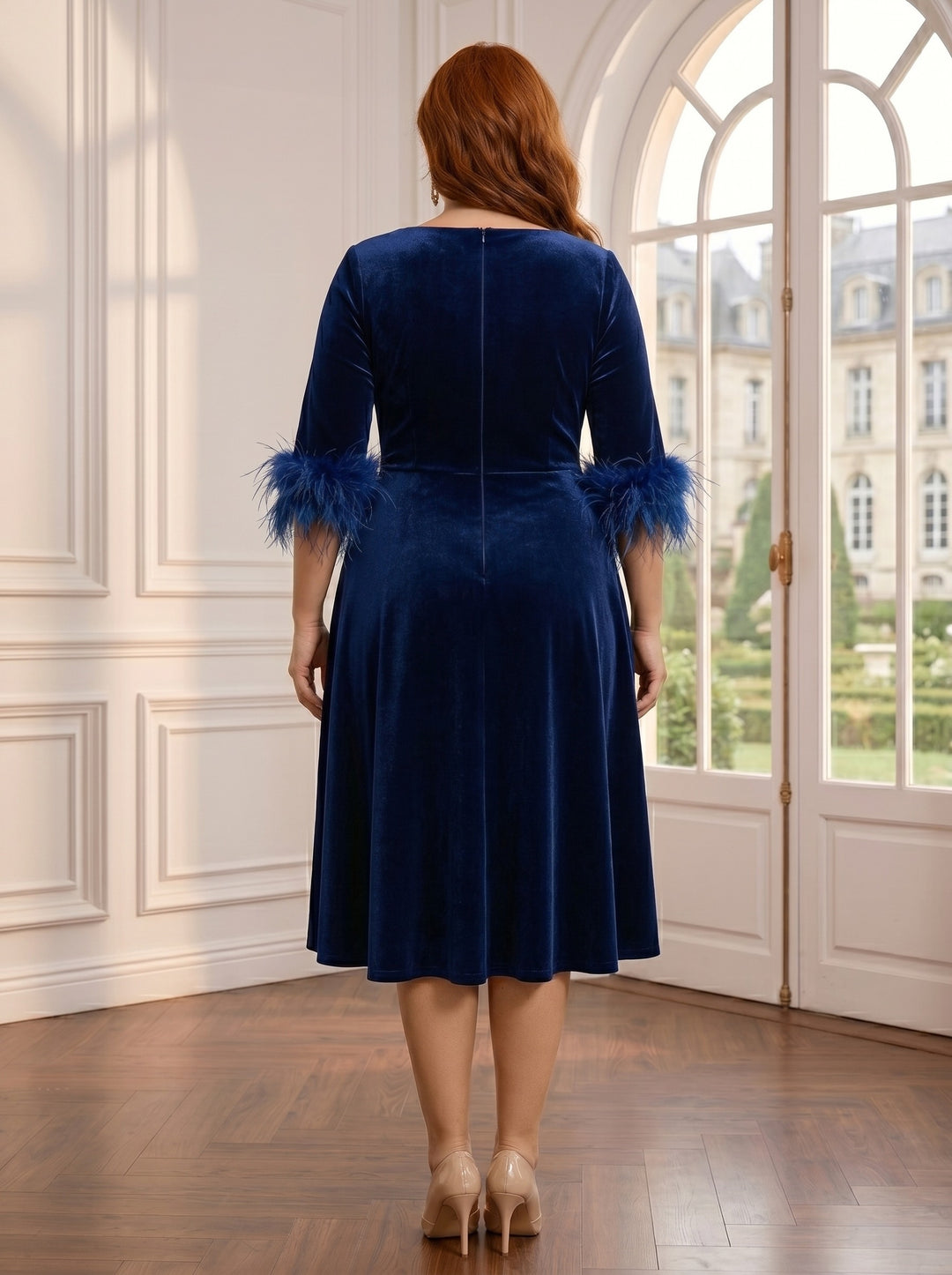 A-Line/Princess Scoop Velvet Plus Size Mother of the Bride Dresses Half Sleeves Feather-trimmed