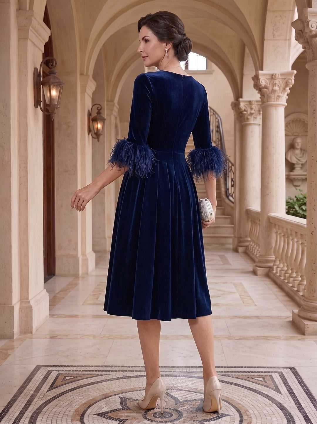 A-Line/Princess Scoop Velvet Mother of the Bride Dresses Half Sleeves Feather-trimmed