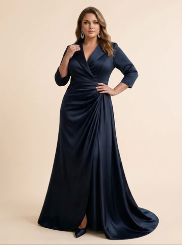 Trumpet/Mermaid V-Neck Satin Plus Size Mother of the Bride Dresses 3/4 Sleeves Floor-Length