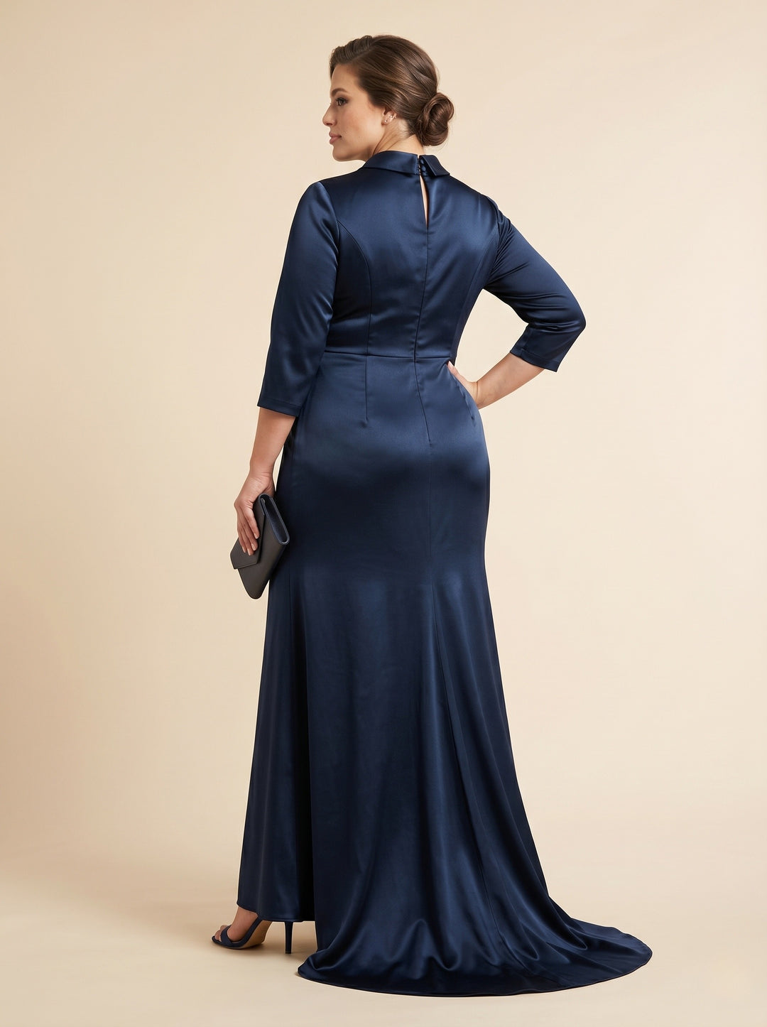 Trumpet/Mermaid V-Neck Satin Plus Size Mother of the Bride Dresses 3/4 Sleeves Floor-Length