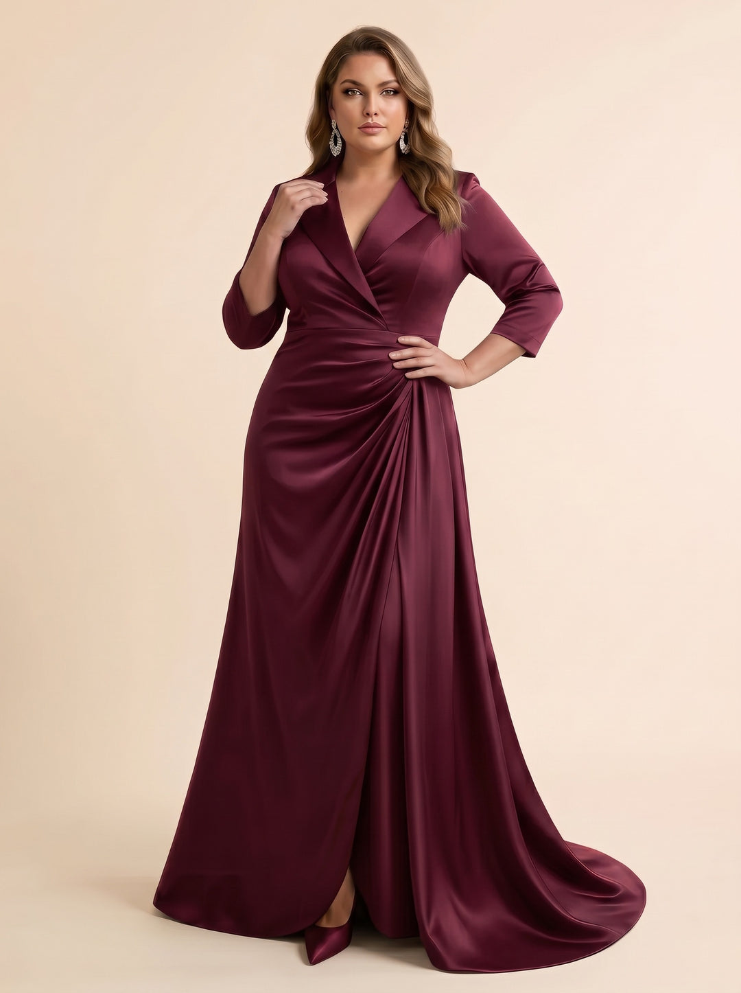 Trumpet/Mermaid V-Neck Satin Plus Size Mother of the Bride Dresses 3/4 Sleeves Floor-Length