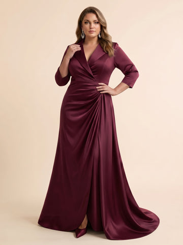 Trumpet/Mermaid V-Neck Satin Plus Size Mother of the Bride Dresses 3/4 Sleeves Floor-Length
