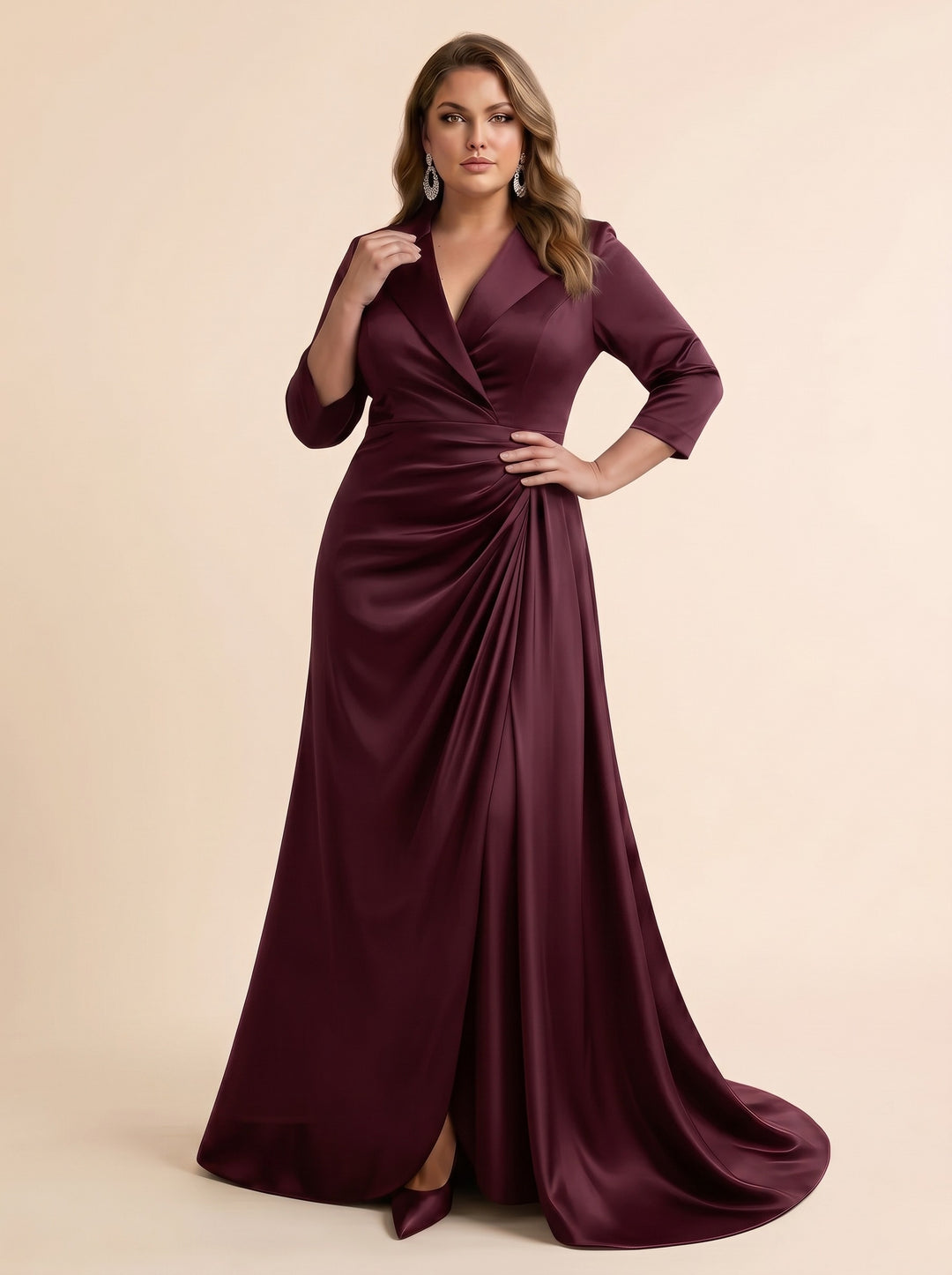 Trumpet/Mermaid V-Neck Satin Plus Size Mother of the Bride Dresses 3/4 Sleeves Floor-Length