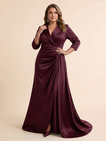 Trumpet/Mermaid V-Neck Satin Plus Size Mother of the Bride Dresses 3/4 Sleeves Floor-Length