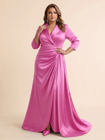 Trumpet/Mermaid V-Neck Satin Plus Size Mother of the Bride Dresses 3/4 Sleeves Floor-Length