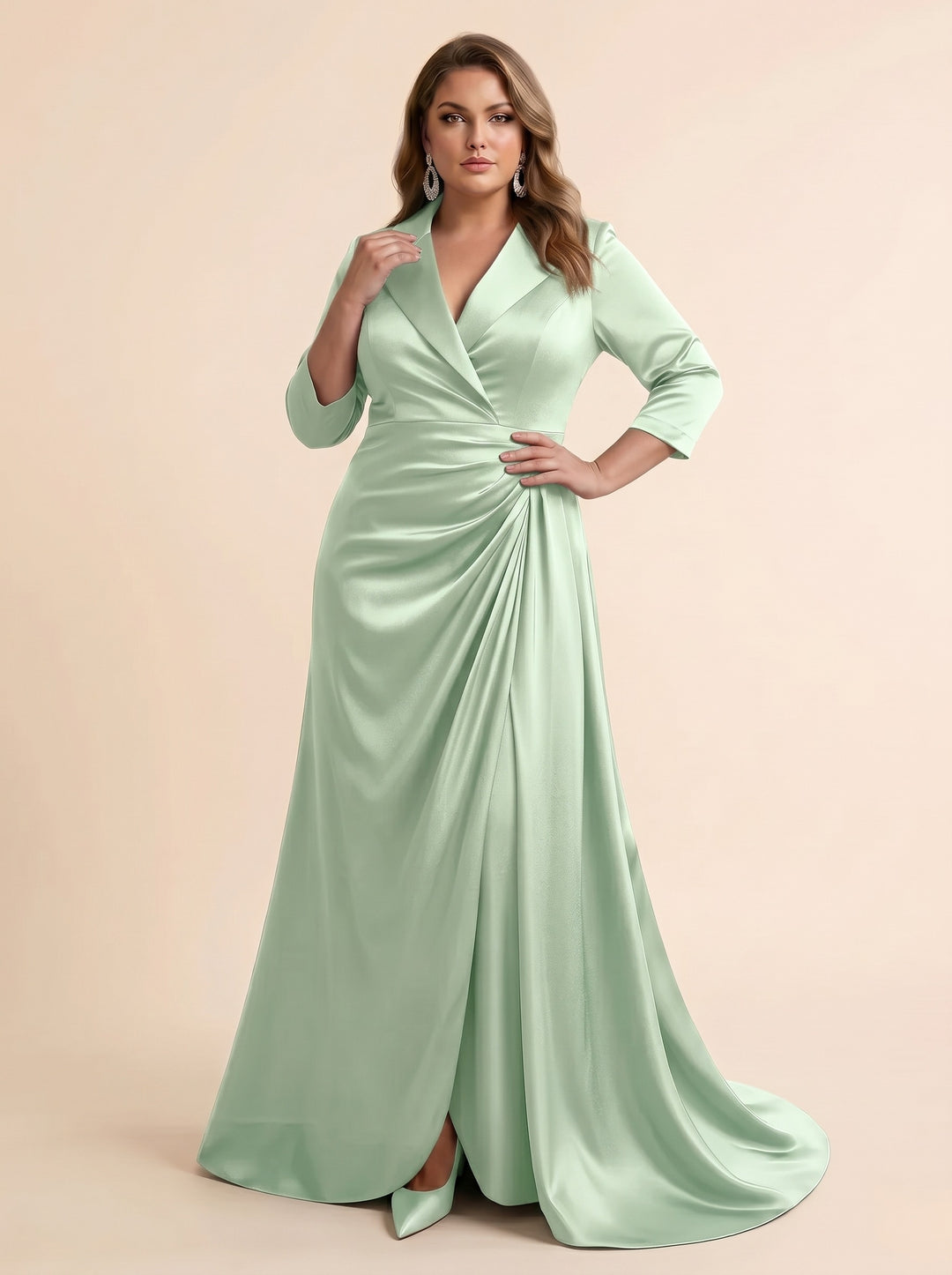 Trumpet/Mermaid V-Neck Satin Plus Size Mother of the Bride Dresses 3/4 Sleeves Floor-Length