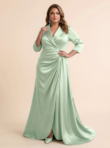 Trumpet/Mermaid V-Neck Satin Plus Size Mother of the Bride Dresses 3/4 Sleeves Floor-Length