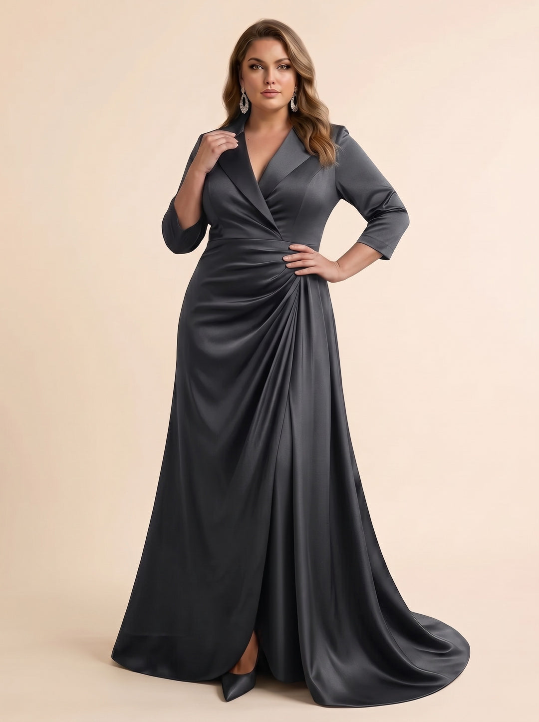 Trumpet/Mermaid V-Neck Satin Plus Size Mother of the Bride Dresses 3/4 Sleeves Floor-Length