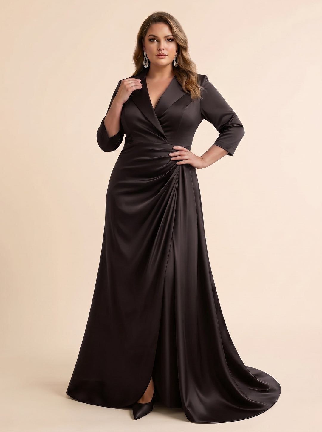 Trumpet/Mermaid V-Neck Satin Plus Size Mother of the Bride Dresses 3/4 Sleeves Floor-Length