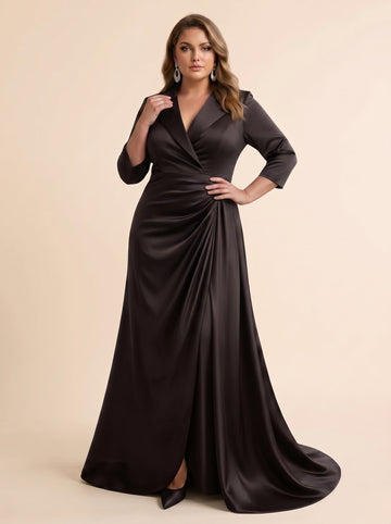 Trumpet/Mermaid V-Neck Satin Plus Size Mother of the Bride Dresses 3/4 Sleeves Floor-Length