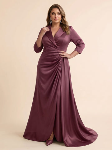 Trumpet/Mermaid V-Neck Satin Plus Size Mother of the Bride Dresses 3/4 Sleeves Floor-Length