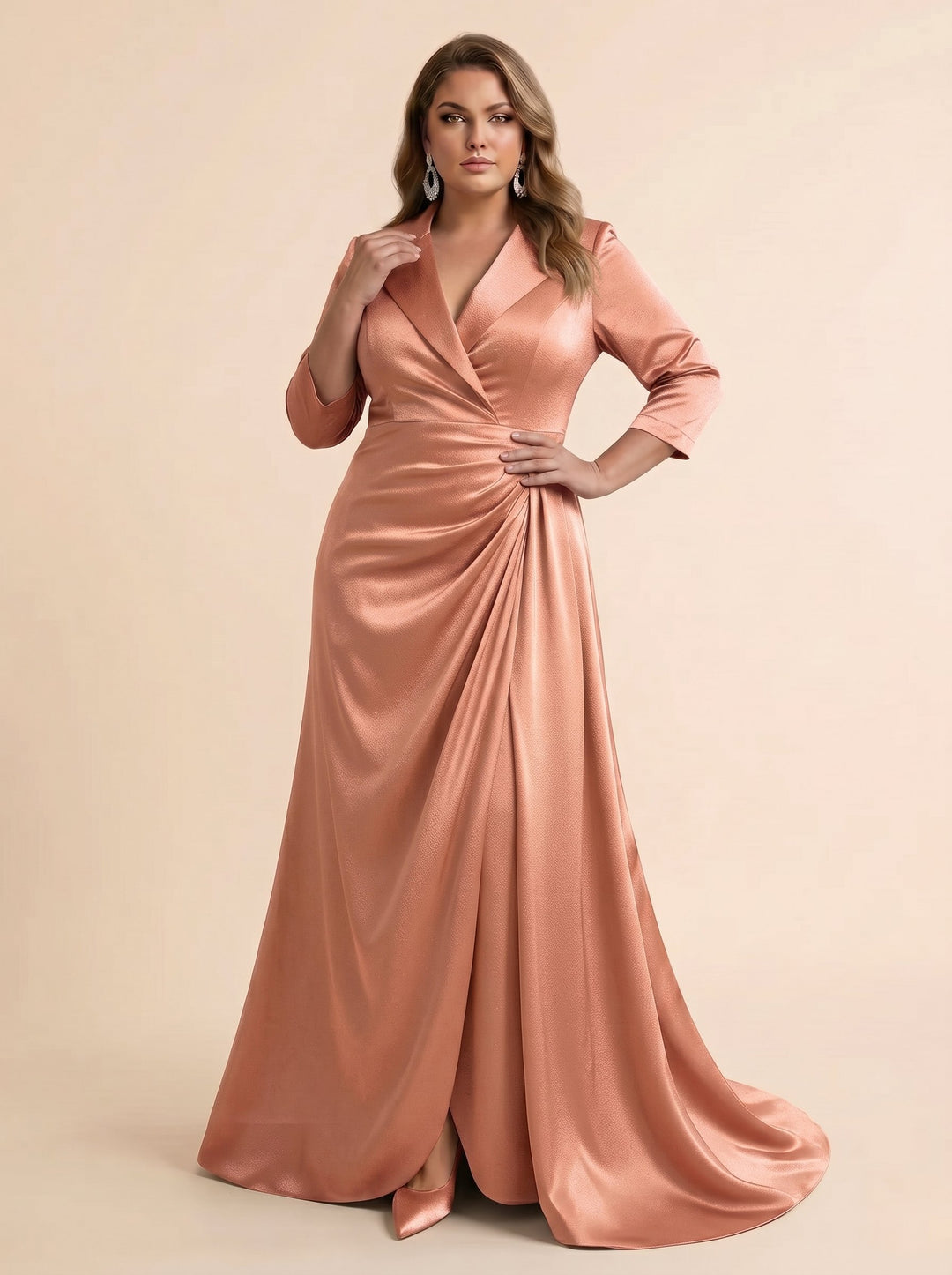 Trumpet/Mermaid V-Neck Satin Plus Size Mother of the Bride Dresses 3/4 Sleeves Floor-Length