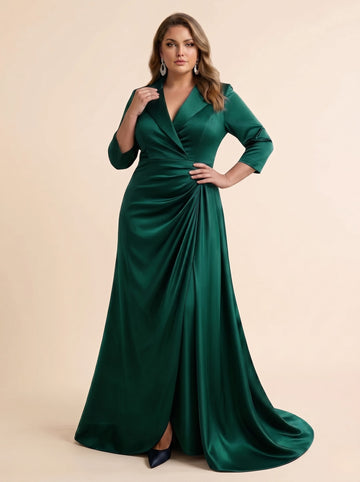 Trumpet/Mermaid V-Neck Satin Plus Size Mother of the Bride Dresses 3/4 Sleeves Floor-Length