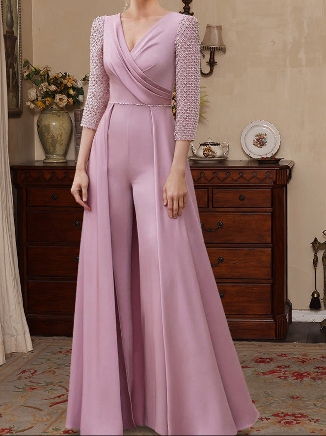 Jumpsuit V-Neck Mother of the Bride Dresses Stretch Satin Floor-Length Half Sleeves Beading