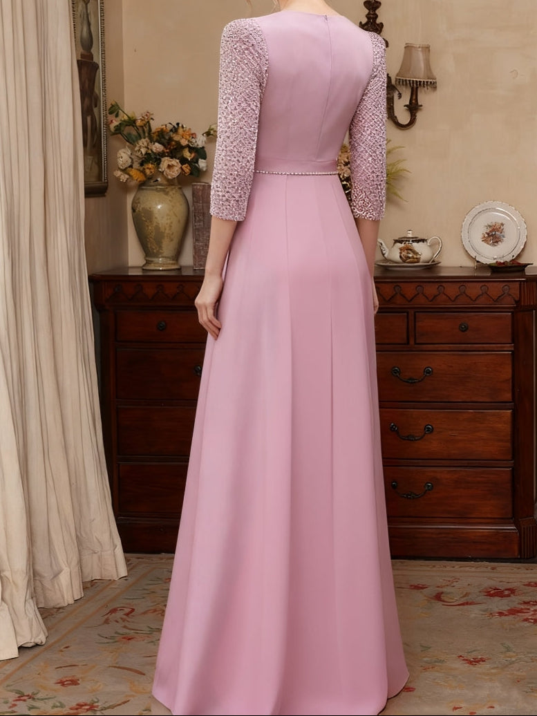 Jumpsuit V-Neck Mother of the Bride Dresses Stretch Satin Floor-Length Half Sleeves Beading