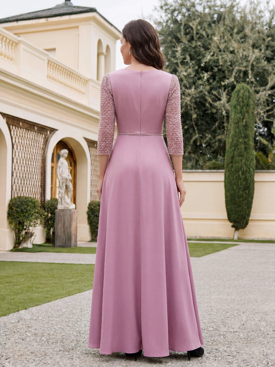 Jumpsuit V-Neck Mother of the Bride Dresses Stretch Satin Floor-Length Half Sleeves Beading