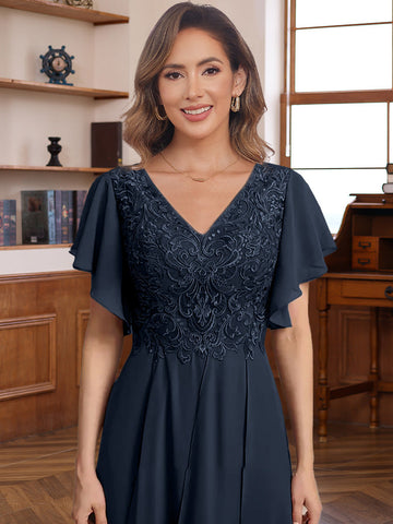 A-Line/Princess Chiffon V-Neck Mother of the Bride Dresses Lace Ankle-Length Short Sleeves Ruffles