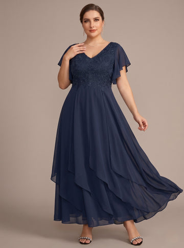 A-Line/Princess Chiffon V-Neck Plus Size Mother of the Bride Dresses Lace Ankle-Length Short Sleeves Ruffles
