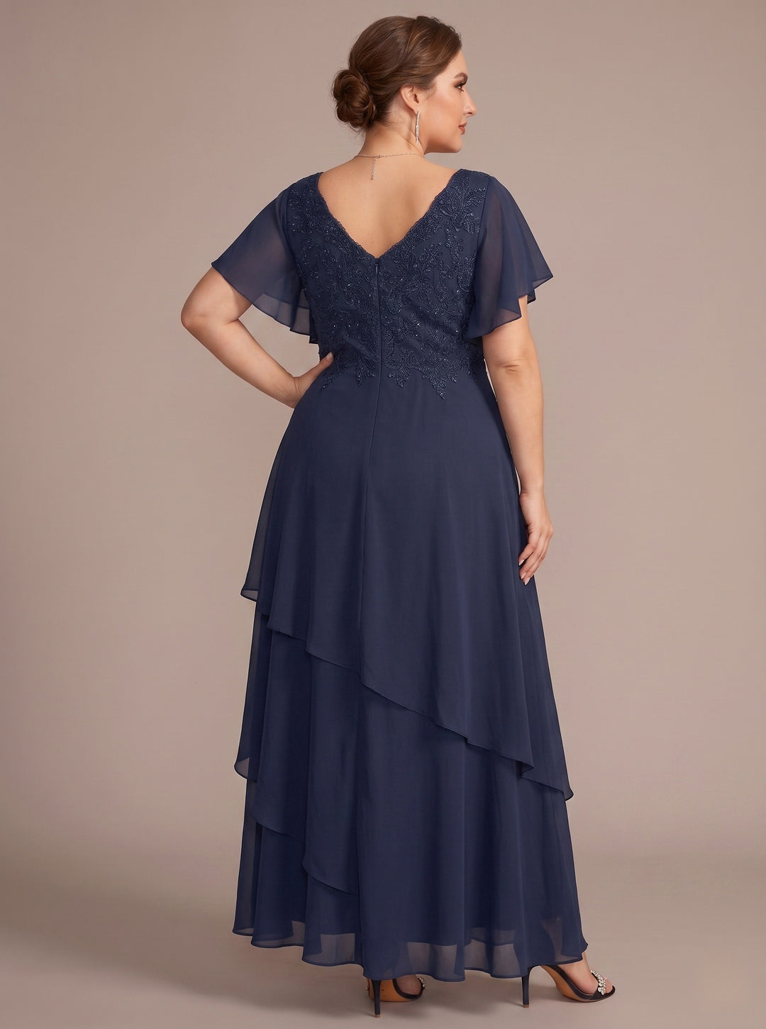 A-Line/Princess Chiffon V-Neck Plus Size Mother of the Bride Dresses Lace Ankle-Length Short Sleeves Ruffles