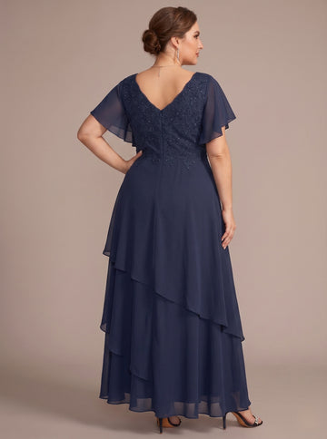 A-Line/Princess Chiffon V-Neck Plus Size Mother of the Bride Dresses Lace Ankle-Length Short Sleeves Ruffles