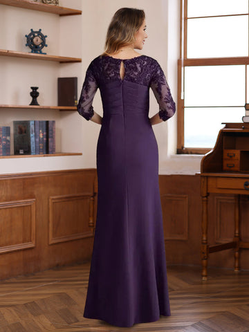 Sheath/Column Chiffon Scoop Mother of the Bride Dresses Lace Ankle-Length 3/4 Sleeves Ruffles