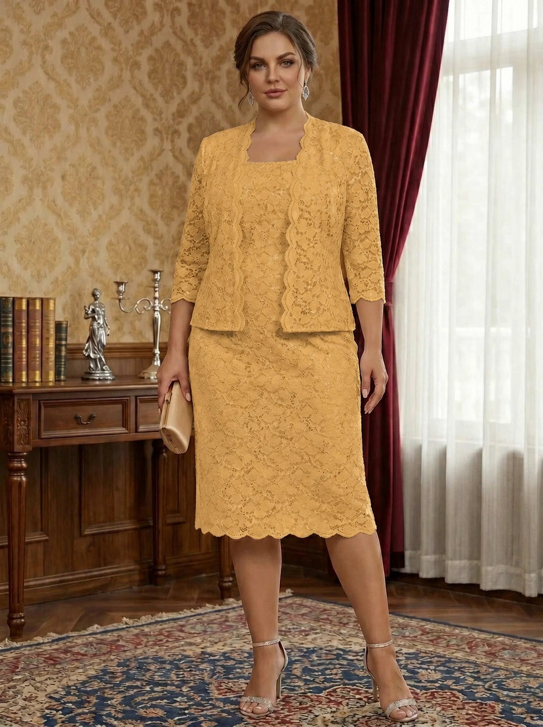 Sheath/Column 2 Pieces Scoop 3/4 Sleeves Chiffon Knee-Length Plus Size Mother of the Bride Dresses with Jacket