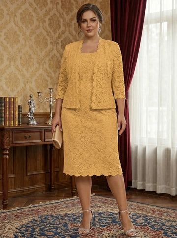 Sheath/Column 2 Pieces Scoop 3/4 Sleeves Chiffon Knee-Length Plus Size Mother of the Bride Dresses with Jacket