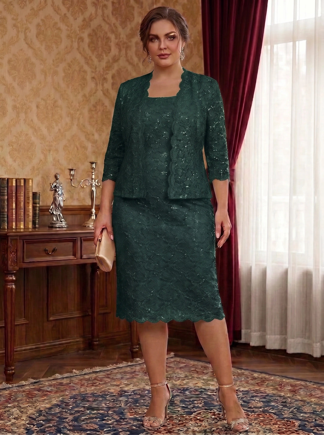 Sheath/Column 2 Pieces Scoop 3/4 Sleeves Chiffon Knee-Length Plus Size Mother of the Bride Dresses with Jacket