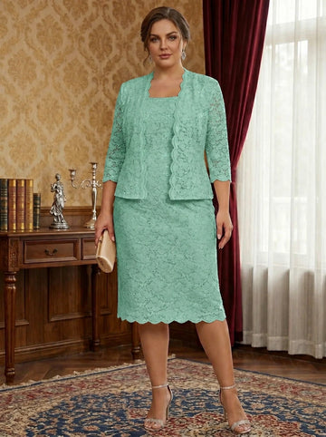 Sheath/Column 2 Pieces Scoop 3/4 Sleeves Chiffon Knee-Length Plus Size Mother of the Bride Dresses with Jacket