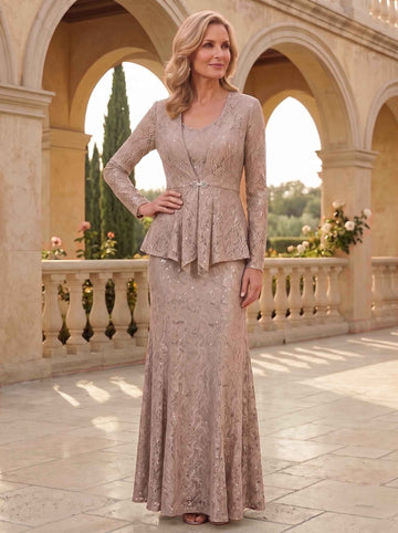 A-Line/Princess 2 Pieces Scoop Lace Mother of the Bride Dresses with Jacket Long Sleeves Ankle-Length
