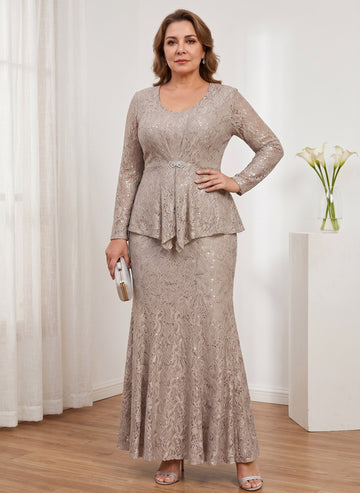 A-Line/Princess 2 Pieces Scoop Lace Plus Size Mother of the Bride Dresses with Jacket Long Sleeves Ankle-Length