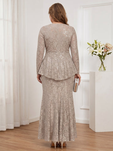 A-Line/Princess 2 Pieces Scoop Lace Plus Size Mother of the Bride Dresses with Jacket Long Sleeves Ankle-Length
