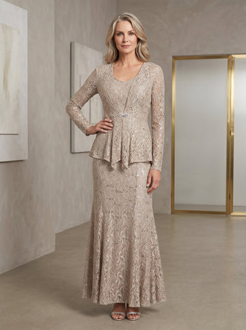 A-Line/Princess 2 Pieces Scoop Lace Mother of the Bride Dresses with Jacket Long Sleeves Ankle-Length