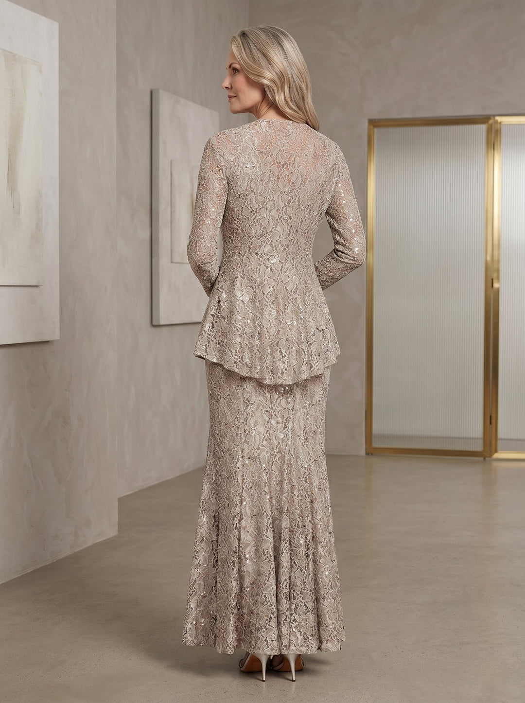 A-Line/Princess 2 Pieces Scoop Lace Mother of the Bride Dresses with Jacket Long Sleeves Ankle-Length