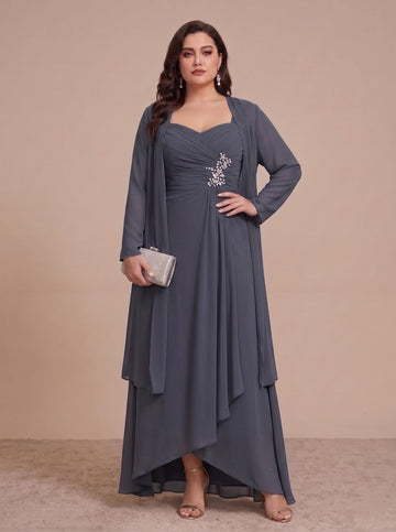 A-Line/Princess 2 Pieces Chiffon Plus Size Mother of the Bride Dresses with Jacket Sweetheart Ankle-Length Long Sleeves