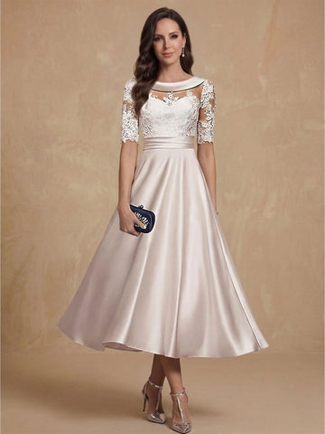 A-Line/Princess Scoop Satin Mother of the Bride Dresses Lace Half Sleeves Tea-Length