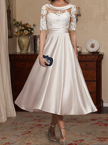 A-Line/Princess Scoop Satin Mother of the Bride Dresses Lace Half Sleeves Tea-Length