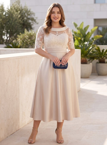 A-Line/Princess Scoop Satin Plus Size Mother of the Bride Dresses Lace Half Sleeves Tea-Length