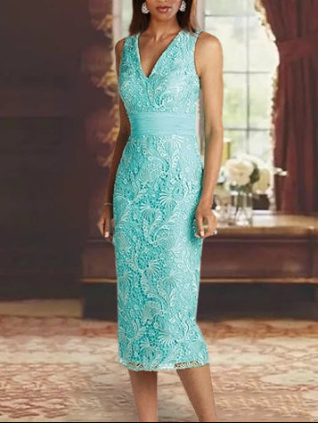 Sheath/Column Chiffon V-Neck Mother of the Bride Dresses with Jacket Lace Knee-Length 3/4 Sleeves