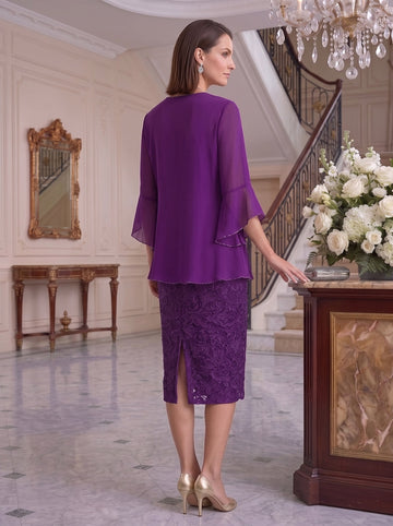 Sheath/Column Chiffon V-Neck Mother of the Bride Dresses with Jacket Lace Knee-Length 3/4 Sleeves